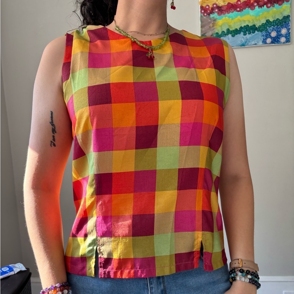 60’s Retro Multicolor Boho Plaid Pink Green Round Neck Indie Eclectic Small Top